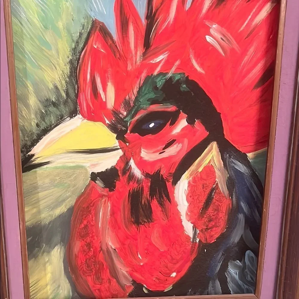 Vibrant Rooster Art Print in Wooden Frame